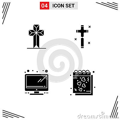 4 Thematic Vector Solid Glyphs and Editable Symbols of celebration, love, easter, tv, romantic Vector Illustration