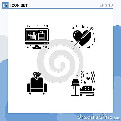 4 Thematic Vector Solid Glyphs and Editable Symbols of computer, cinema, online shopping, heart, media Vector Illustration