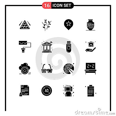 16 Thematic Vector Solid Glyphs and Editable Symbols of roller, jar, nature, greece, amphora Vector Illustration