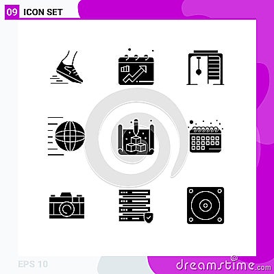9 Thematic Vector Solid Glyphs and Editable Symbols of transport, shipping services, graph, logistic, game Vector Illustration