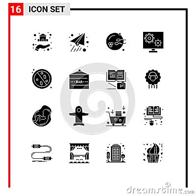 16 Thematic Vector Solid Glyphs and Editable Symbols of virus, setting, procreation, screen, gear Vector Illustration