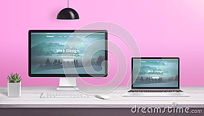 Theme design studio concept with computer display and laptop with flat design web site Stock Photo