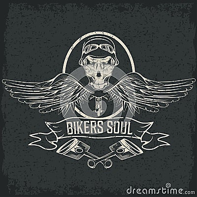 Theme label with pistons and skulls with wings Vector Illustration