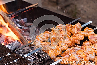 Theme of outdoor dinner. Juicy roasted kebabs on the barbecue. Chicken meat on skewers. Stock Photo