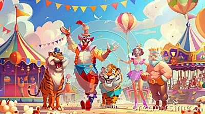 Theme park actors in costume: clowns, female tamers with tigers, strongman on a retro carousel, popcorn stand on a city Stock Photo