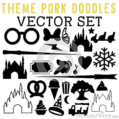 Theme Park Doodles Vector Set with castles, tickets, wants, butterflies, glasses, and Mickey Mouse gloves. Stock Photo