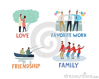 Themed hand-drawn icons Love, Favorite Work, Friendship, Family Vector Illustration