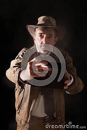 Explorer with wooden box Stock Photo