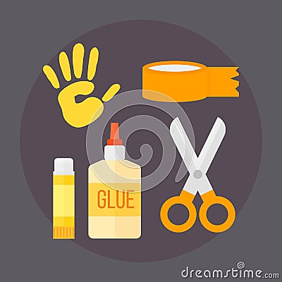 Themed kids creativity creation scissors symbols poster in flat style with artistic objects for children art school fest Vector Illustration