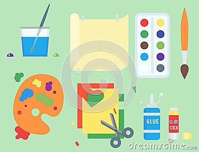 Themed kids creativity creation symbols poster in flat style with artistic objects for children art school fest unusual Vector Illustration