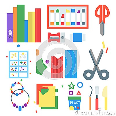 Themed kids creativity creation symbols poster in flat style with artistic objects for children art school fest unusual Vector Illustration