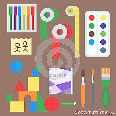 Themed kids creativity creation symbols poster in flat style with artistic objects for children art school fest unusual Vector Illustration