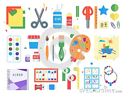 Themed kids creativity creation symbols poster in flat style with artistic objects for children art school fest unusual Vector Illustration