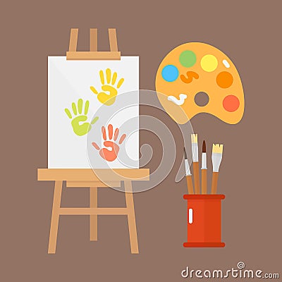 Themed kids creativity creation symbols poster in flat style with artistic objects for children art school fest unusual Vector Illustration