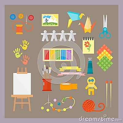 Themed kids creativity creation symbols poster in flat style with artistic objects for children art school fest unusual Vector Illustration