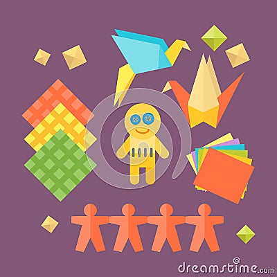 Themed kids origami creativity creation symbols poster in flat style with artistic objects for children art school fest Vector Illustration