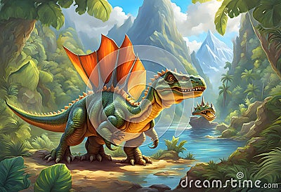 Themed line art doodle color cartoon drawing dinosaurs, Very cute Cartoon Illustration