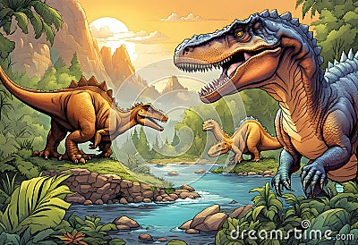 Themed line art doodle color cartoon drawing dinosaurs, Very cute Cartoon Illustration