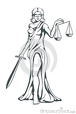 Themis - Ancient Greek goddess of justice. Hand drawn scales of justice. Symbols of the femida - justice, law, scales. Libra Vector Illustration