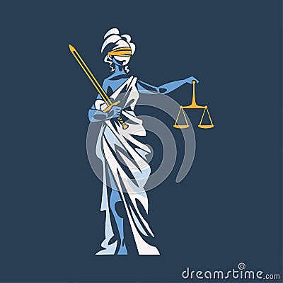 Themis as Ancient Greek Goddess and Lady Justice with Blindfold Holding Scales and Sword Vector Illustration Vector Illustration
