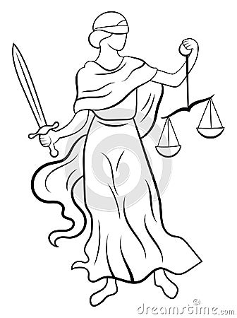 Themis or Justice - goddess of order, fairness, law from ancient Hellenic myths. Black and white illustration of femida Vector Illustration