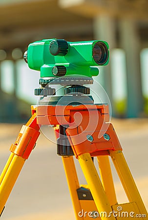 Theodolite on construction place close up Stock Photo