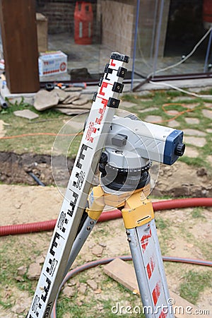 Theodolite geodesic works on building site Stock Photo