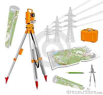 Theodolite, maps, compasses, pencil, power lines. vector set illustrations on white background Vector Illustration