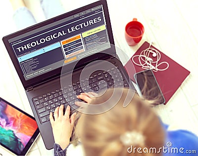 Extension School Concept. Theological Lectures on Portable Notebook. Stock Photo