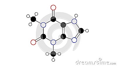 theophylline molecule, structural chemical formula, ball-and-stick model, isolated image inhibits phosphodiesterase Stock Photo