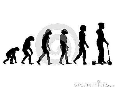 Theory evolution of human. From monkey to man on scooter . Vector Illustration