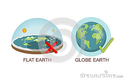 Theory of flat earth. Earth vs spherical earth. Vector illustration. isolated on white background. true, lie Checkbox. check mark Vector Illustration