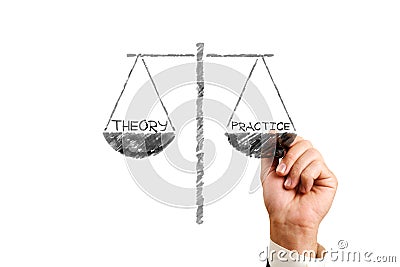 theory practice. businessman draws scales, the words theory practice. Stock Photo