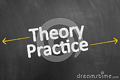 Theory practice chalk text writing on blackboard or chalkboard Stock Photo