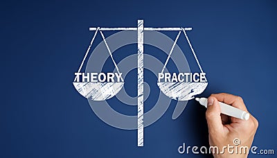 Theory Practice Concept. a man draws scales with the words theory and practice on bowls. Stock Photo