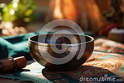 Therapeutic Sound Cascade: Cascade into therapeutic serenity with the melodic sounds of the Indian singing bowl Stock Photo