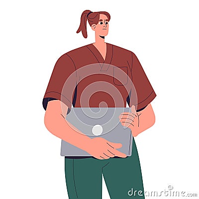 Therapist assistant, intern hold laptop. Clinic worker, young doctor in medical uniform. Medic, nurse works in hospital Vector Illustration