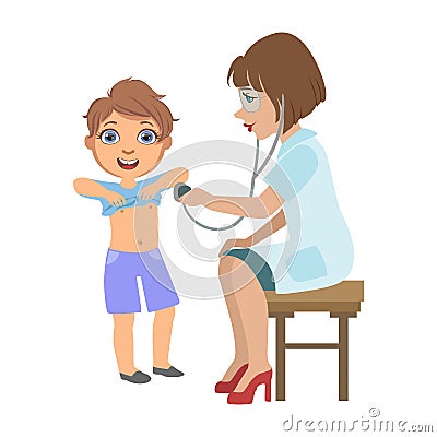 Therapist Checking Boys Lungs With Stethoscope, Part Of Kids Taking Health Exam Series Of Illustrations Vector Illustration