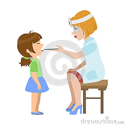 Therapist Checking Throat Of A Little Girl, Part Of Kids Taking Health Exam Series Of Illustrations Vector Illustration