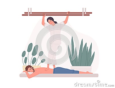 Therapist practicing shiatsu technique and massaging patient with feet. Japanese body treatment in SPA wellness salon Vector Illustration