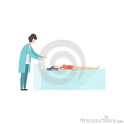 Therapist working with disabled female patient lying in swimming pool, medical rehabilitation, physical therapy activity Vector Illustration