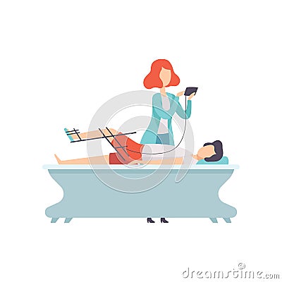 Therapist working with disabled patient and orthosis medical equipment, medical rehabilitation, physical therapy Vector Illustration
