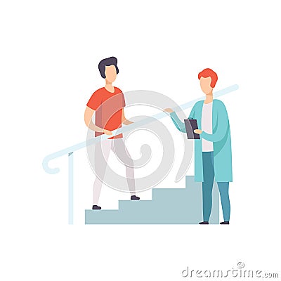 Therapist working with male patient climbing the stairs, medical rehabilitation, physical therapy activity vector Vector Illustration