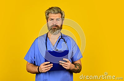 Therapist writing prescription. Medical nurse hold folder. pediatric healthcare. hospital or clinic. profession medicine Stock Photo