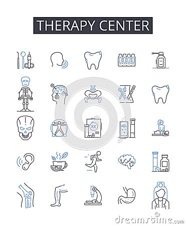 Therapy center line icons collection. Health clinic, Wellness spa, Treatment hub, Healing center, Recovery house Vector Illustration