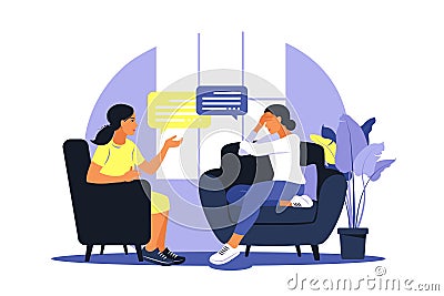 Therapy and counselling under stress and depression. Young woman psychotherapist supports female with psychological problems. Vector Illustration