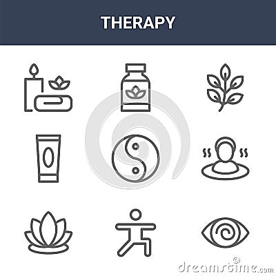 9 therapy icons pack. trendy therapy icons on white background. thin outline line icons such as hypnosis, sauna, supplement . Vector Illustration