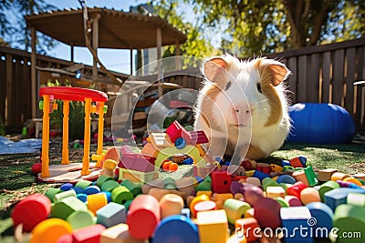 therapy pig playing in a secured yard filled with childrens toys Stock Photo