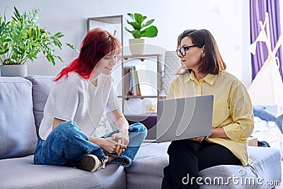 Therapy session for teenage girl, psychologist and patient together in office Stock Photo