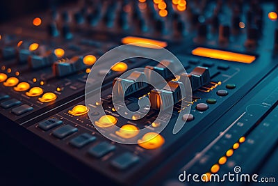 There is an audio system volume control panel, a sound mixer equalizer, console Stock Photo